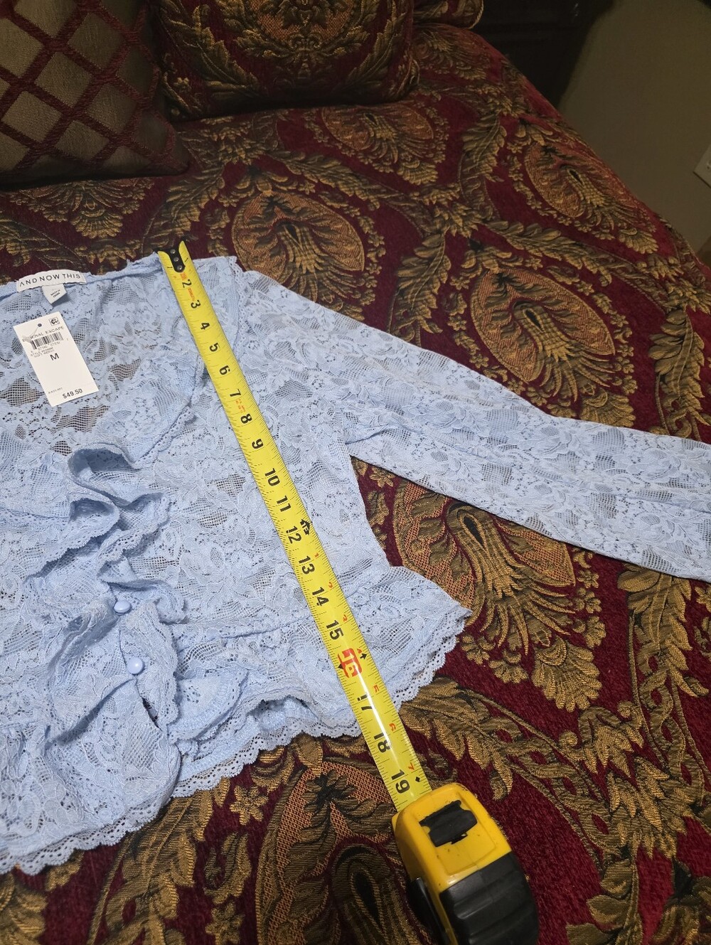 Sheer Lace Ruffle-Trim Blouse - Light Blue - Picture 6 of 11
